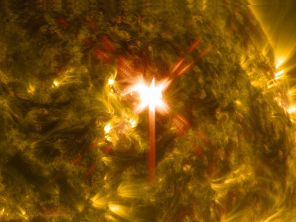 Extreme ultraviolet light streams out of an X-class solar flare as seen in this image captured on March 29, 2014, by NASA's Solar Dynamics Observatory. This image blends two wavelengths of light: 304 and 171 Angstroms, which help scientists observe the lower levels of the sun's atmosphere. Image Credit: NASA/SDO Extreme ultraviolet light streams out of an X-class solar flare as seen in this image captured on March 29, 2014, by NASA's Solar Dynamics Observatory. This image blends two wavelengths of light: 304 and 171 Angstroms, which help scientists observe the lower levels of the sun's atmosphere. Image Credit: NASA/SDO