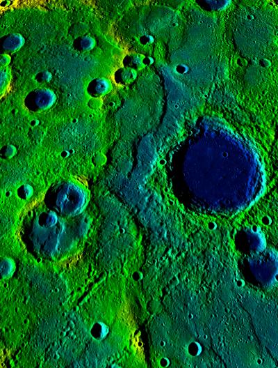 This image shows a long collection of ridges and scarps on the planet Mercury called a fold-and-thrust belt. The belt stretches over 336 miles (540 kilometers). The colors correspond to elevation -- yellow-green is high and blue is low. Credit: Image courtesy NASA/Johns Hopkins University Applied Physics Laboratory/Carnegie Institution of Washington This image shows a long collection of ridges and scarps on the planet Mercury called a fold-and-thrust belt. The belt stretches over 336 miles (540 kilometers). The colors correspond to elevation -- yellow-green is high and blue is low. Credit: Image courtesy NASA/Johns Hopkins University Applied Physics Laboratory/Carnegie Institution of Washington