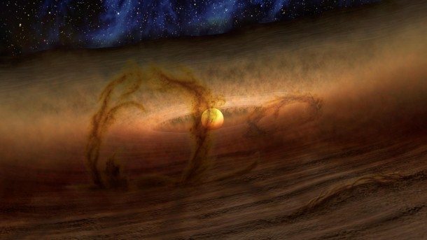 Magnetic loops carry gas and dust above disks of planet-forming material circling stars, as shown in this artist's conception. Image credit: NASA/JPL-Caltech Magnetic loops carry gas and dust above disks of planet-forming material circling stars, as shown in this artist's conception. Image credit: NASA/JPL-Caltech