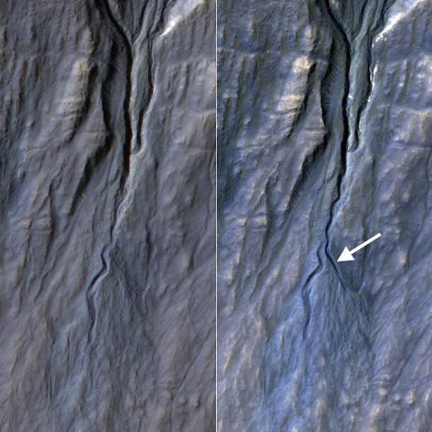 This pair of before (left) and after (right) images from the High Resolution Imaging Science Experiment (HiRISE) camera on NASA's Mars Reconnaissance Orbiter documents formation of a new channel on a Martian slope between 2010 and 2013, likely resulting from activity of carbon-dioxide frost. Image credit: NASA/JPL-Caltech/Univ. of Arizona This pair of before (left) and after (right) images from the High Resolution Imaging Science Experiment (HiRISE) camera on NASA's Mars Reconnaissance Orbiter documents formation of a new channel on a Martian slope between 2010 and 2013, likely resulting from activity of carbon-dioxide frost. Image credit: NASA/JPL-Caltech/Univ. of Arizona