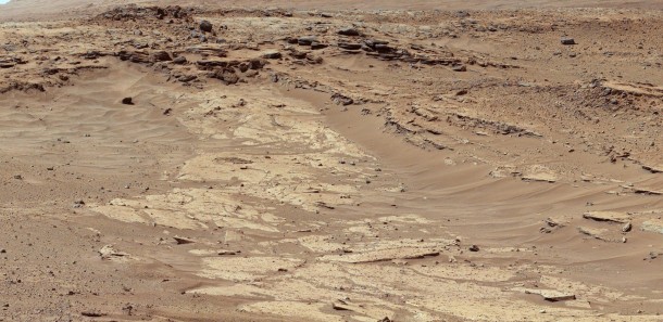 Sandstone layers with varying resistance to erosion are evident in this Martian scene recorded by the Mast Camera on NASA's Curiosity Mars rover on Feb. 25, 2014, about one-quarter mile (about 400 meters) from a planned waypoint called "the Kimberley." Image Credit: NASA/JPL-Caltech/MSSS Sandstone layers with varying resistance to erosion are evident in this Martian scene recorded by the Mast Camera on NASA's Curiosity Mars rover on Feb. 25, 2014, about one-quarter mile (about 400 meters) from a planned waypoint called "the Kimberley." Image Credit: NASA/JPL-Caltech/MSSS