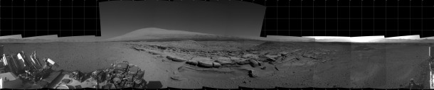 This view from NASA's Curiosity Mars rover spans 360 degrees, centered southward toward a planned science waypoint at "the Kimberley," with an outcrop of eroded sandstone in the foreground. Image Credit: NASA/JPL-Caltech This view from NASA's Curiosity Mars rover spans 360 degrees, centered southward toward a planned science waypoint at "the Kimberley," with an outcrop of eroded sandstone in the foreground. Image Credit: NASA/JPL-Caltech