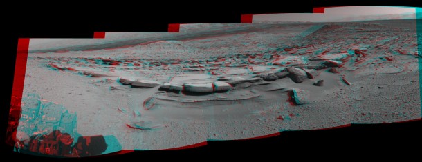 This March 18, 2014, stereo view from NASA's Curiosity Mars rover spans 160 degrees, centered southward, with an outcrop of eroded sandstone in the foreground. Image Credit: NASA/JPL-Caltech This March 18, 2014, stereo view from NASA's Curiosity Mars rover spans 160 degrees, centered southward, with an outcrop of eroded sandstone in the foreground. Image Credit: NASA/JPL-Caltech