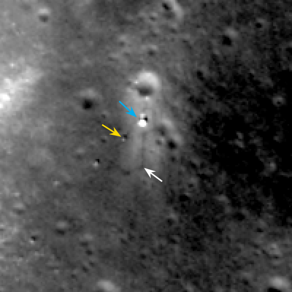 LROC February 2014 image of Chang'e 3 site. Blue arrow indicates Chang'e 3 lander; yellow arrow points to Yutu (rover); and white arrow marks the December location of Yutu. Yutu's tracks can be followed clockwise around the lander to its current location. Image width 200 meters (about 656 feet). Image Credit: NASA/Goddard/Arizona State University LROC February 2014 image of Chang'e 3 site. Blue arrow indicates Chang'e 3 lander; yellow arrow points to Yutu (rover); and white arrow marks the December location of Yutu. Yutu's tracks can be followed clockwise around the lander to its current location. Image width 200 meters (about 656 feet). Image Credit: NASA/Goddard/Arizona State University