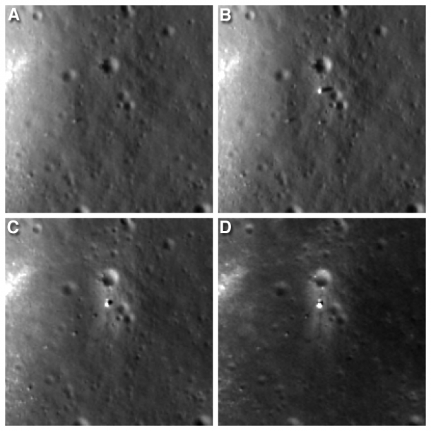 Four LROC NAC views of the Chang'e 3 landing site. A) before landing, June 30, 2013 B) after landing, Dec. 25, 2013 C) Jan. 21, 2014 D) Feb. 17, 2014 Width of each image is 200 meters (about 656 feet). Follow Yutu's path clockwise around the lander in "D." Image Credit: NASA/Goddard/Arizona State University Four LROC NAC views of the Chang'e 3 landing site. A) before landing, June 30, 2013 B) after landing, Dec. 25, 2013 C) Jan. 21, 2014 D) Feb. 17, 2014 Width of each image is 200 meters (about 656 feet). Follow Yutu's path clockwise around the lander in "D." Image Credit: NASA/Goddard/Arizona State University