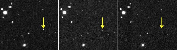 These images show the discovery of 2012 VP113 taken about 2 hours apart on Nov. 5, 2012. The motion of 2012 VP113 stands out compared to the steady state background of stars and galaxies. Image Credit: Scott Sheppard/Carnegie Institution for Science These images show the discovery of 2012 VP113 taken about 2 hours apart on Nov. 5, 2012. The motion of 2012 VP113 stands out compared to the steady state background of stars and galaxies. Image Credit: Scott Sheppard/Carnegie Institution for Science