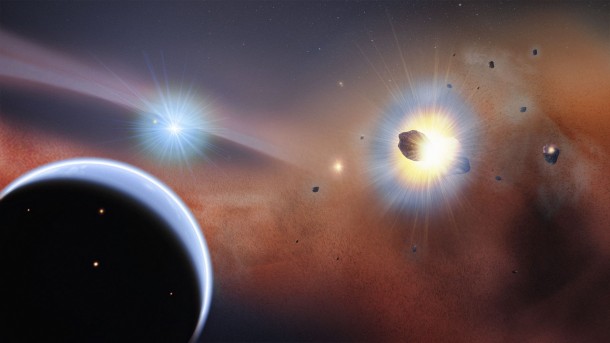 This artist's concept illustrates the preferred model for explaining ALMA observations of Beta Pictoris. The new observations from ALMA now show that the disc around the star is permeated by carbon monoxide gas. The presence of carbon monoxide could indicate that the Beta Pictoris planetary system may eventually become a good habitat for life. At the outer fringes of the system, the gravitational influence of a hypothetical giant planet (bottom left) captures comets into a dense, massive swarm (right) where frequent collisions occur. Credit: NASA's Goddard Space Flight Center/F. Reddy This artist's concept illustrates the preferred model for explaining ALMA observations of Beta Pictoris. The new observations from ALMA now show that the disc around the star is permeated by carbon monoxide gas. The presence of carbon monoxide could indicate that the Beta Pictoris planetary system may eventually become a good habitat for life. At the outer fringes of the system, the gravitational influence of a hypothetical giant planet (bottom left) captures comets into a dense, massive swarm (right) where frequent collisions occur. Credit: NASA's Goddard Space Flight Center/F. Reddy
