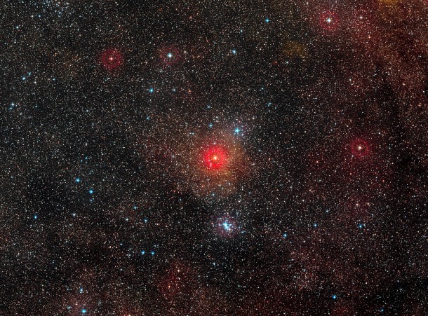 HR 5171, the brightest star just below the centre of this wide-field image, is a yellow hypergiant, a very rare type of stars with only a dozen known in our galaxy. Its size is over 1300 times that of the Sun — one of the ten largest stars found so far. Observations with ESO’s Very Large Telescope Interferometer have shown that it is actually a double star, with the companion in contact with the main star. Credit: ESO/Digitized Sky Survey 2 HR 5171, the brightest star just below the centre of this wide-field image, is a yellow hypergiant, a very rare type of stars with only a dozen known in our galaxy. Its size is over 1300 times that of the Sun — one of the ten largest stars found so far. Observations with ESO’s Very Large Telescope Interferometer have shown that it is actually a double star, with the companion in contact with the main star. Credit: ESO/Digitized Sky Survey 2