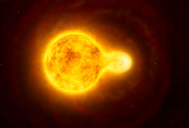 This artist’s impression shows the yellow hypergiant star HR 5171. This is a very rare type of star with only a dozen known in our galaxy. Its size is over 1300 times that of our Sun — one of the largest ten stars found so far. Observations with ESO’s Very Large Telescope Interferometer have shown that it is actually a double star, with the companion in contact with the main star. Credit: ESO This artist’s impression shows the yellow hypergiant star HR 5171. This is a very rare type of star with only a dozen known in our galaxy. Its size is over 1300 times that of our Sun — one of the largest ten stars found so far. Observations with ESO’s Very Large Telescope Interferometer have shown that it is actually a double star, with the companion in contact with the main star. Credit: ESO