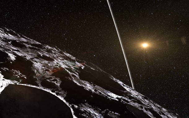 Observations at many sites in South America, including ESO’s La Silla Observatory, have made the surprise discovery that the remote asteroid Chariklo is surrounded by two dense and narrow rings. This is the smallest object by far found to have rings and only the fifth body in the Solar System — after the much larger planets Jupiter, Saturn, Uranus and Neptune — to have this feature. The origin of these rings remains a mystery, but they may be the result of a collision that created a disc of debris. This artist’s impression shows how the rings might look from close to the surface of Chariklo. Credit: ESO/L. Calçada/Nick Risinger (skysurvey.org) Observations at many sites in South America, including ESO’s La Silla Observatory, have made the surprise discovery that the remote asteroid Chariklo is surrounded by two dense and narrow rings. This is the smallest object by far found to have rings and only the fifth body in the Solar System — after the much larger planets Jupiter, Saturn, Uranus and Neptune — to have this feature. The origin of these rings remains a mystery, but they may be the result of a collision that created a disc of debris. This artist’s impression shows how the rings might look from close to the surface of Chariklo. Credit: ESO/L. Calçada/Nick Risinger (skysurvey.org)
