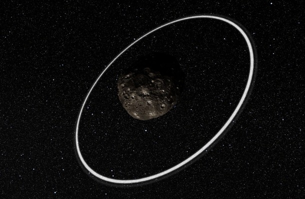 Observations at many sites in South America, including ESO’s La Silla Observatory, have made the surprise discovery that the remote asteroid Chariklo is surrounded by two dense and narrow rings. This is the smallest object by far found to have rings and only the fifth body in the Solar System — after the much larger planets Jupiter, Saturn, Uranus and Neptune — to have this feature. The origin of these rings remains a mystery, but they may be the result of a collision that created a disc of debris. This artist’s impression shows a close-up of what the rings might look like. Credit: ESO/L. Calçada/M. Kornmesser/Nick Risinger (skysurvey.org) Observations at many sites in South America, including ESO’s La Silla Observatory, have made the surprise discovery that the remote asteroid Chariklo is surrounded by two dense and narrow rings. This is the smallest object by far found to have rings and only the fifth body in the Solar System — after the much larger planets Jupiter, Saturn, Uranus and Neptune — to have this feature. The origin of these rings remains a mystery, but they may be the result of a collision that created a disc of debris. This artist’s impression shows a close-up of what the rings might look like. Credit: ESO/L. Calçada/M. Kornmesser/Nick Risinger (skysurvey.org)