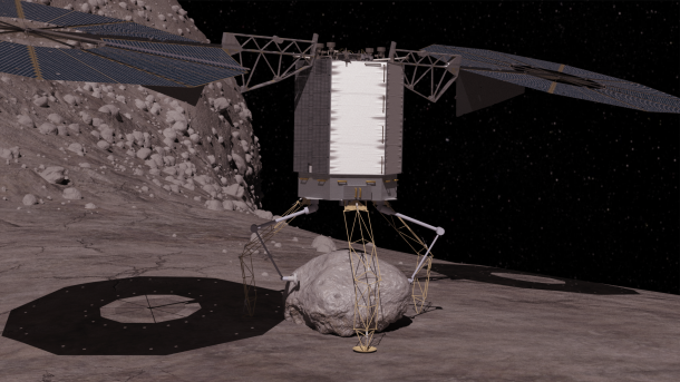 In this concept image, the robotic vehicle descends to the surface of a large asteroid to collect a boulder that it can redirect to a distant retrograde lunar orbit. Image Credit: NASA In this concept image, the robotic vehicle descends to the surface of a large asteroid to collect a boulder that it can redirect to a distant retrograde lunar orbit. Image Credit: NASA