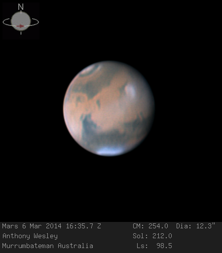 Mars, photographed on March 6, 2014, by Australian amateur astronomer Anthony Wesley using a 16-inch telescope. Mars, photographed on March 6, 2014, by Australian amateur astronomer Anthony Wesley using a 16-inch telescope.