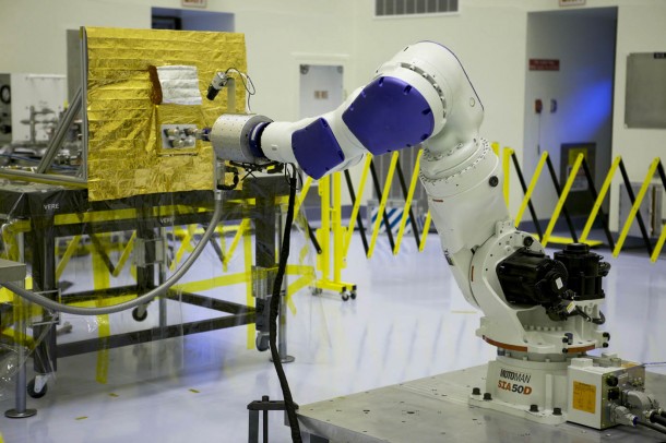 Located at NASA's Kennedy Space Center in Florida, but commanded from NASA's Goddard Space Flight Center in Greenbelt, Md., the RROxiTT industrial robot mimicked how future space robots could transfer oxidizer to a satellite valve. Image Credit: NASA Located at NASA's Kennedy Space Center in Florida, but commanded from NASA's Goddard Space Flight Center in Greenbelt, Md., the RROxiTT industrial robot mimicked how future space robots could transfer oxidizer to a satellite valve. Image Credit: NASA