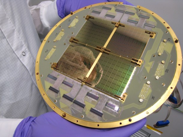 This image shows an array of the 512 superconducting detectors used on the BICEP2 telescope at the South Pole. The technology was key to detecting the effects of gravitational waves associated with the early epoch of our universe known as inflation. Image Credit: NASA/JPL-Caltech This image shows an array of the 512 superconducting detectors used on the BICEP2 telescope at the South Pole. The technology was key to detecting the effects of gravitational waves associated with the early epoch of our universe known as inflation. Image Credit: NASA/JPL-Caltech