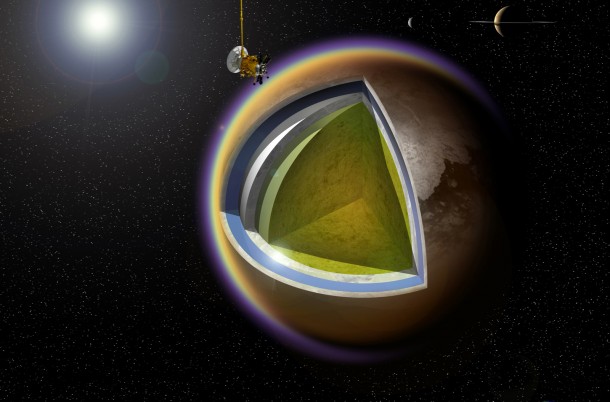 This artist’s concept shows a possible model of Titan’s internal structure that incorporates data from NASA’s Cassini spacecraft. Image Credit: A. D. Fortes/UCL/STFC This artist’s concept shows a possible model of Titan’s internal structure that incorporates data from NASA’s Cassini spacecraft. Image Credit: A. D. Fortes/UCL/STFC