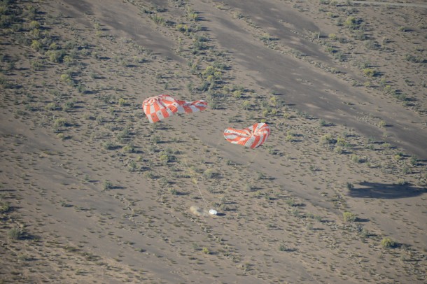 Orion's parachutes deflate after a successful touchdown following a test at the U.S. Army's Yuma Proving Ground on April 23. Image Credit: NASA Orion's parachutes deflate after a successful touchdown following a test at the U.S. Army's Yuma Proving Ground on April 23. Image Credit: NASA
