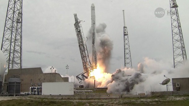 The SpaceX Falcon 9 rocket launches from the Cape Canaveral Air Force Station in Florida. Image Credit: NASA TV The SpaceX Falcon 9 rocket launches from the Cape Canaveral Air Force Station in Florida. Image Credit: NASA TV