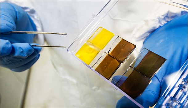 The band gap of perovskites can be adjusted by changing their compositions to access different parts of the sun's spectrum. Credit: Dennis Schroeder The band gap of perovskites can be adjusted by changing their compositions to access different parts of the sun's spectrum. Credit: Dennis Schroeder