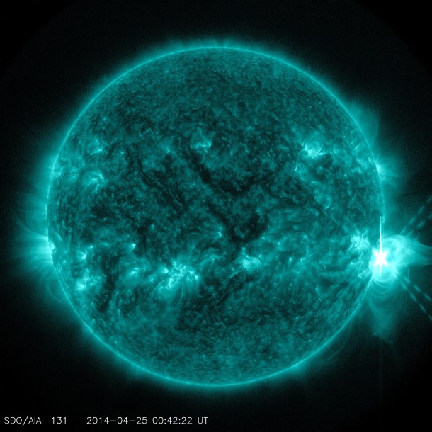 NASA's Solar Dynamics Observatory sees an X-class flare exploding off the right side of the sun. This image shows light in the 131-angstrom wavelength, which is particularly good for seeing material at the high temperatures present in solar flares and which is typically colorized in teal. Image Credit: NASA/SDO NASA's Solar Dynamics Observatory sees an X-class flare exploding off the right side of the sun. This image shows light in the 131-angstrom wavelength, which is particularly good for seeing material at the high temperatures present in solar flares and which is typically colorized in teal. Image Credit: NASA/SDO