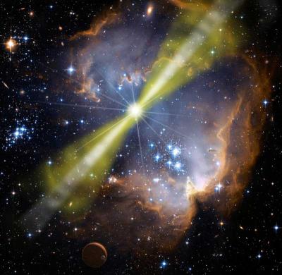 This is an artist's impression of a Gamma-ray Burst, showing the two intense beams of relativistic matter emitted by the black hole. To be visible from Earth, the beams from the Gamma-ray Burst must be pointing directly towards us. Credit: Credit: NASA/Swift/Mary Pat Hrybyk-Keith and John Jones. This is an artist's impression of a Gamma-ray Burst, showing the two intense beams of relativistic matter emitted by the black hole. To be visible from Earth, the beams from the Gamma-ray Burst must be pointing directly towards us. Credit: Credit: NASA/Swift/Mary Pat Hrybyk-Keith and John Jones.
