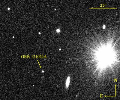 Gamma-ray burst 121024A, as seen on the day of burst by ESO's Very Large Telescope (VLT) in Chile. Only a week later the source had faded completely. Credit: Credit: Dr Klaas Wiersema, University of Leicester, UK and Dr Peter Curran, ICRAR. Gamma-ray burst 121024A, as seen on the day of burst by ESO's Very Large Telescope (VLT) in Chile. Only a week later the source had faded completely. Credit: Credit: Dr Klaas Wiersema, University of Leicester, UK and Dr Peter Curran, ICRAR.