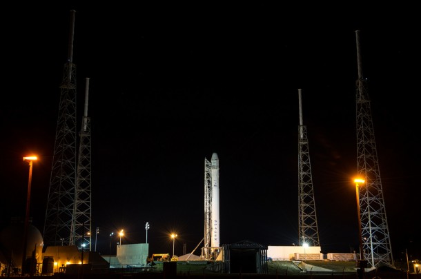 The SpaceX Falcon 9 rocket with a Dragon commercial cargo craft on top rests at its launch pad on March 1, 2013, at the Cape Canaveral Air Force Station in Florida. Image Credit: NASA/Bill Ingalls The SpaceX Falcon 9 rocket with a Dragon commercial cargo craft on top rests at its launch pad on March 1, 2013, at the Cape Canaveral Air Force Station in Florida. Image Credit: NASA/Bill Ingalls