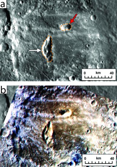 Two pyroclastic vents on the floor of Mercury’s Kipling crater, top, would likely not have survived the impact; they are more recent. The false color image of the same spot, bottom, marks pyroclastic material as brownish red. Two pyroclastic vents on the floor of Mercury’s Kipling crater, top, would likely not have survived the impact; they are more recent. The false color image of the same spot, bottom, marks pyroclastic material as brownish red.
