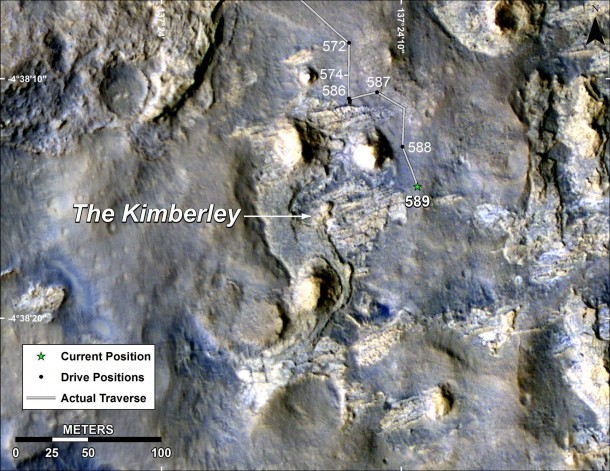 Map of Curiosity Mars Rover's Drives to 'the Kimberley' Waypoint This map shows the route driven by NASA's Curiosity Mars in its approach to and April 1, 2014, arrival at a waypoint called "the Kimberley," which rover team scientists chose in 2013 as the location for the mission's next major investigations. Image credit: NASA/JPL-Caltech/Univ. of Arizona Map of Curiosity Mars Rover's Drives to 'the Kimberley' Waypoint This map shows the route driven by NASA's Curiosity Mars in its approach to and April 1, 2014, arrival at a waypoint called "the Kimberley," which rover team scientists chose in 2013 as the location for the mission's next major investigations. Image credit: NASA/JPL-Caltech/Univ. of Arizona