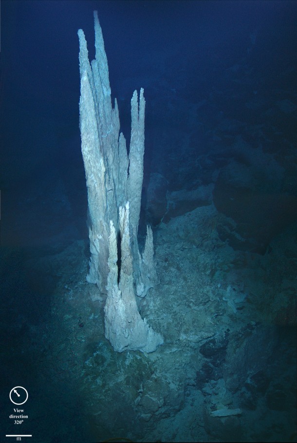 This image from the floor of the Atlantic Ocean shows a collection of limestone towers known as the "Lost City." Alkaline hydrothermal vents of this type are suggested to be the birthplace of the first living organisms on the ancient Earth. Image Credit: D. Kelley and M. Elend/University of Washington This image from the floor of the Atlantic Ocean shows a collection of limestone towers known as the "Lost City." Alkaline hydrothermal vents of this type are suggested to be the birthplace of the first living organisms on the ancient Earth. Image Credit: D. Kelley and M. Elend/University of Washington