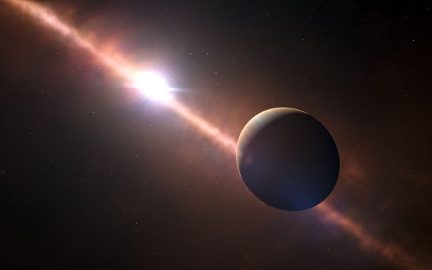 This artist’s view shows the planet orbiting the young star Beta Pictoris. This exoplanet is the first to have its rotation rate measured. Its eight-hour day corresponds to an equatorial rotation speed of 100 000 kilometres/hour — much faster than any planet in the Solar System. Credit: ESO L. Calçada/N. Risinger (skysurvey.org) This artist’s view shows the planet orbiting the young star Beta Pictoris. This exoplanet is the first to have its rotation rate measured. Its eight-hour day corresponds to an equatorial rotation speed of 100 000 kilometres/hour — much faster than any planet in the Solar System. Credit: ESO L. Calçada/N. Risinger (skysurvey.org)