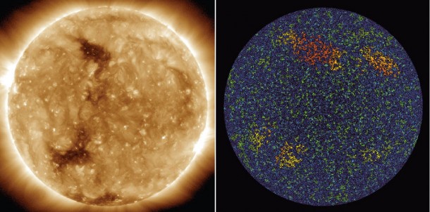 Brightpoints in the sun's atmosphere, left, correspond to magnetic parcels on the sun's surface, seen in the processed data on the right. Green spots show smaller parcels, red and yellow much bigger ones. Images based on data from NASA's SDO captured at 8 p.m. EDT on May 15, 2010. Image Credit: NASA/SDO Brightpoints in the sun's atmosphere, left, correspond to magnetic parcels on the sun's surface, seen in the processed data on the right. Green spots show smaller parcels, red and yellow much bigger ones. Images based on data from NASA's SDO captured at 8 p.m. EDT on May 15, 2010. Image Credit: NASA/SDO