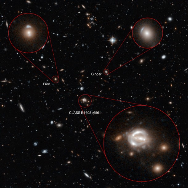 Most of the galaxies visible in this Hubble image are members of a huge cluster called CLASS B1608+656, which lies about five billion light-years away. But the field also contains other objects that are both significantly closer and far more distant — including two gravitational lenses dubbed Fred and Ginger. Credit: NASA, ESA Most of the galaxies visible in this Hubble image are members of a huge cluster called CLASS B1608+656, which lies about five billion light-years away. But the field also contains other objects that are both significantly closer and far more distant — including two gravitational lenses dubbed Fred and Ginger. Credit: NASA, ESA
