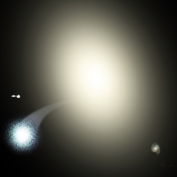 This artist's illustration shows the hypervelocity star cluster HVGC-1 escaping from the supergiant elliptical galaxy M87. HVGC-1 is the first runaway star cluster discovered by astronomers. It is fated to drift through intergalactic space. David A. Aguilar (CfA) This artist's illustration shows the hypervelocity star cluster HVGC-1 escaping from the supergiant elliptical galaxy M87. HVGC-1 is the first runaway star cluster discovered by astronomers. It is fated to drift through intergalactic space. David A. Aguilar (CfA)