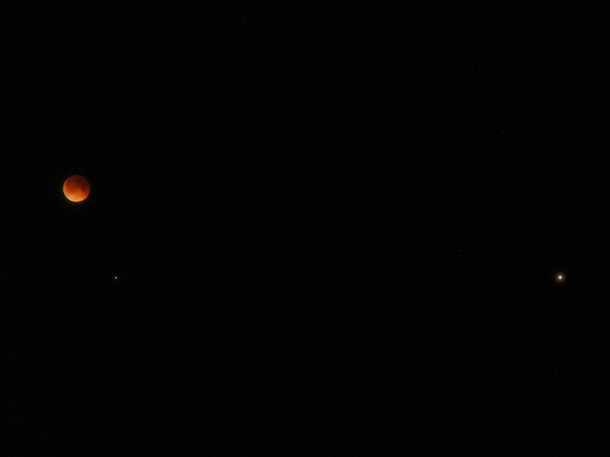 The total lunar eclipse, showing a coppery moon, the bright star Spica, and the planet Mars. Image Credit: NASA Ames/Lynn Hoffland The total lunar eclipse, showing a coppery moon, the bright star Spica, and the planet Mars. Image Credit: NASA Ames/Lynn Hoffland