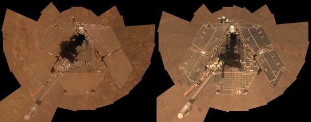 A self-portrait of NASA's Mars Exploration Rover Opportunity taken in late March 2014 (right) shows that much of the dust on the rover's solar arrays has been removed since a similar portrait from January 2014 (left). Image Credit: NASA/JPL-Caltech/Cornell Univ./Arizona State Univ. A self-portrait of NASA's Mars Exploration Rover Opportunity taken in late March 2014 (right) shows that much of the dust on the rover's solar arrays has been removed since a similar portrait from January 2014 (left). Image Credit: NASA/JPL-Caltech/Cornell Univ./Arizona State Univ.