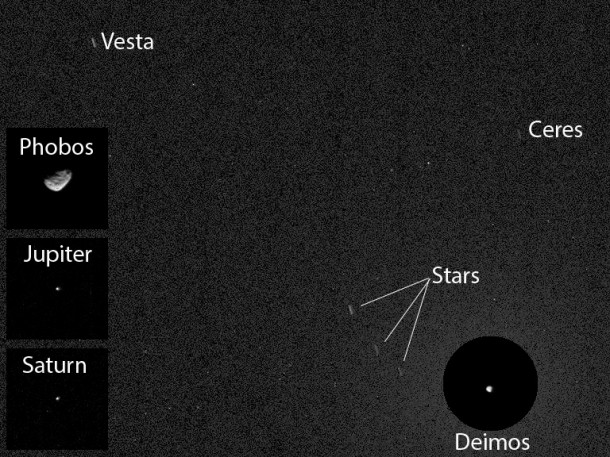 NASA's Curiosity Mars rover has caught the first image of asteroids taken from the surface of Mars. The image includes two asteroids, Ceres and Vesta. This version includes Mars' moon Deimos in a circular, exposure-adjusted inset and square insets at left from other observations the same night. Image Credit: NASA/JPL-Caltech/MSSS/Texas A&M NASA's Curiosity Mars rover has caught the first image of asteroids taken from the surface of Mars. The image includes two asteroids, Ceres and Vesta. This version includes Mars' moon Deimos in a circular, exposure-adjusted inset and square insets at left from other observations the same night. Image Credit: NASA/JPL-Caltech/MSSS/Texas A&M