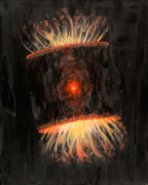 The figure shows an oil painting done by Stephen Mack that represents what the present expanding shell of gas and dust around the star may look like. Mack is a member of the Tohono O’odham Nation, the Native American tribe on whose land the Kitt Peak National Observatory, which is managed by NOAO, is located. The figure shows an oil painting done by Stephen Mack that represents what the present expanding shell of gas and dust around the star may look like. Mack is a member of the Tohono O’odham Nation, the Native American tribe on whose land the Kitt Peak National Observatory, which is managed by NOAO, is located.