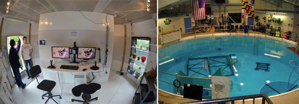 The University of Maryland team displays the inside of their deep space habitat (left) and the neutral buoyancy facility that they will use during the challenge (right). The University of Maryland team displays the inside of their deep space habitat (left) and the neutral buoyancy facility that they will use during the challenge (right).
