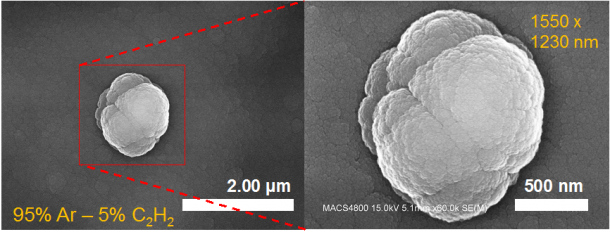 Scanning Electron Microscope image of a large (approximately 1.5 micrometer diameter) aggregate of nanograins produced in the Cosmic Simulation Chamber at NASA's Ames Research Center, using a 95 percent Ar – 5% C2H2 gas mixture. The nanograins and aggregates are deposited onto ultra-high vacuum aluminum foil. Image Credit: NASA/Ames/Farid Salama Scanning Electron Microscope image of a large (approximately 1.5 micrometer diameter) aggregate of nanograins produced in the Cosmic Simulation Chamber at NASA's Ames Research Center, using a 95 percent Ar – 5% C2H2 gas mixture. The nanograins and aggregates are deposited onto ultra-high vacuum aluminum foil. Image Credit: NASA/Ames/Farid Salama
