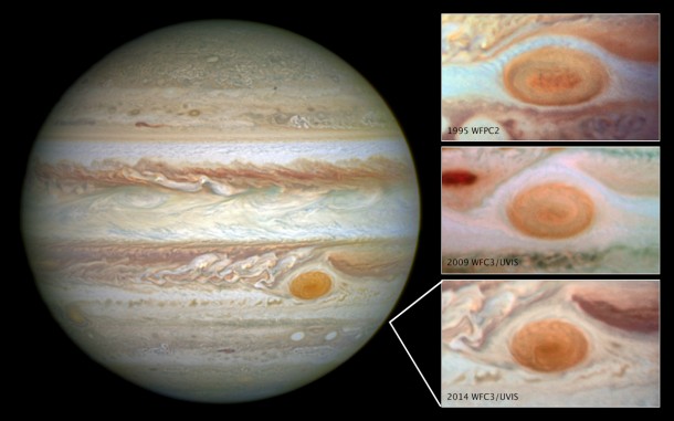Images of Jupiter's Great Red Spot, taken by the Hubble Space Telescope over a span of 20 years, shows how the planet's trademark spot has decreased in size over the years Image Credit: NASA/ESA Images of Jupiter's Great Red Spot, taken by the Hubble Space Telescope over a span of 20 years, shows how the planet's trademark spot has decreased in size over the years Image Credit: NASA/ESA