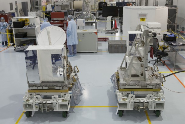 Components of NASA's International Space Station-RapidScat instrument rest side by side in Kennedy Space Center's Space Station Processing Facility after arrival. ISS-RapidScat will measure Earth's ocean surface wind speed and direction from the station, data that will be used for weather and marine forecasting. Image Credit: NASA/Dimitri Gerondidakis Components of NASA's International Space Station-RapidScat instrument rest side by side in Kennedy Space Center's Space Station Processing Facility after arrival. ISS-RapidScat will measure Earth's ocean surface wind speed and direction from the station, data that will be used for weather and marine forecasting. Image Credit: NASA/Dimitri Gerondidakis