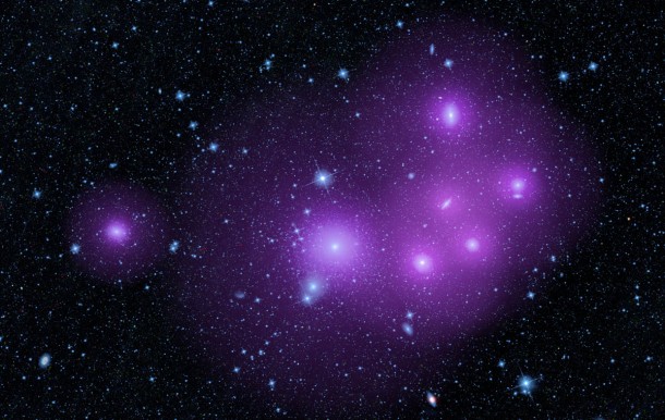 This image shows galaxies clumped together in the Fornax cluster, located 60 million light-years from Earth. The picture was taken by WISE, but has been artistically enhanced to illustrate the idea that clumped galaxies will, on average, be surrounded by larger halos of dark matter (purple). Image Credit: NASA/JPL-Caltech This image shows galaxies clumped together in the Fornax cluster, located 60 million light-years from Earth. The picture was taken by WISE, but has been artistically enhanced to illustrate the idea that clumped galaxies will, on average, be surrounded by larger halos of dark matter (purple). Image Credit: NASA/JPL-Caltech