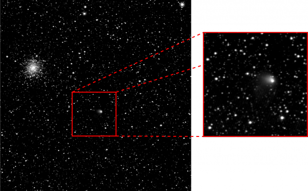 Close-up of comet on 30 April. A close-up view of comet 67P/Churyumov–Gerasimenko, created by stacking a series of 10 minute exposures, is included in this version of the image taken on 30 April 2014 by the OSIRIS Narrow Angle Camera. The comet is seen towards the constellation of Ophiuchus (note that from the vantage point of Earth, both the comet and Rosetta are presently in Sagittarius) and the globular cluster M107 can also be seen in the field of view. The comet is already displaying a coma, which extends over 1300 km from the nucleus. Credit: ESA/Rosetta/MPS for OSIRIS Team MPS/UPD/LAM/IAA/SSO/INTA/UPM/DASP/IDA Close-up of comet on 30 April. A close-up view of comet 67P/Churyumov–Gerasimenko, created by stacking a series of 10 minute exposures, is included in this version of the image taken on 30 April 2014 by the OSIRIS Narrow Angle Camera. The comet is seen towards the constellation of Ophiuchus (note that from the vantage point of Earth, both the comet and Rosetta are presently in Sagittarius) and the globular cluster M107 can also be seen in the field of view. The comet is already displaying a coma, which extends over 1300 km from the nucleus. Credit: ESA/Rosetta/MPS for OSIRIS Team MPS/UPD/LAM/IAA/SSO/INTA/UPM/DASP/IDA