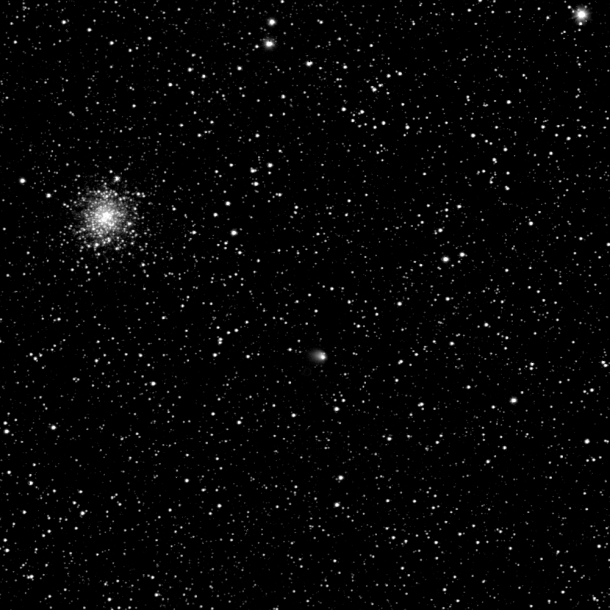 Comet on 30 April. Comet 67P/Churyumov–Gerasimenko seen towards the constellation of Ophiuchus (note that from the vantage point of Earth, both the comet and Rosetta are presently in Sagittarius), with the globular cluster M107 also clearly visible in the field of view. The image was taken on 30 April 2014 by the OSIRIS Narrow Angle Camera and the comet is already displaying a coma, which extends over 1300 km from the nucleus. Credit: ESA/Rosetta/MPS for OSIRIS Team MPS/UPD/LAM/IAA/SSO/INTA/UPM/DASP/IDA Comet on 30 April. Comet 67P/Churyumov–Gerasimenko seen towards the constellation of Ophiuchus (note that from the vantage point of Earth, both the comet and Rosetta are presently in Sagittarius), with the globular cluster M107 also clearly visible in the field of view. The image was taken on 30 April 2014 by the OSIRIS Narrow Angle Camera and the comet is already displaying a coma, which extends over 1300 km from the nucleus. Credit: ESA/Rosetta/MPS for OSIRIS Team MPS/UPD/LAM/IAA/SSO/INTA/UPM/DASP/IDA