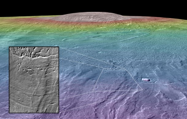 Possibly habitable environs. Braided fluvial channels (inset) emerge from the edge of glacial deposits roughly 210 million years old on the martian volcano Arsia Mons, nearly twice as high as Mount Everest. (Colors indicate elevation.) Credit: NASA/Goddard Space Flight Center/Arizona State University/Brown University Possibly habitable environs. Braided fluvial channels (inset) emerge from the edge of glacial deposits roughly 210 million years old on the martian volcano Arsia Mons, nearly twice as high as Mount Everest. (Colors indicate elevation.) Credit: NASA/Goddard Space Flight Center/Arizona State University/Brown University
