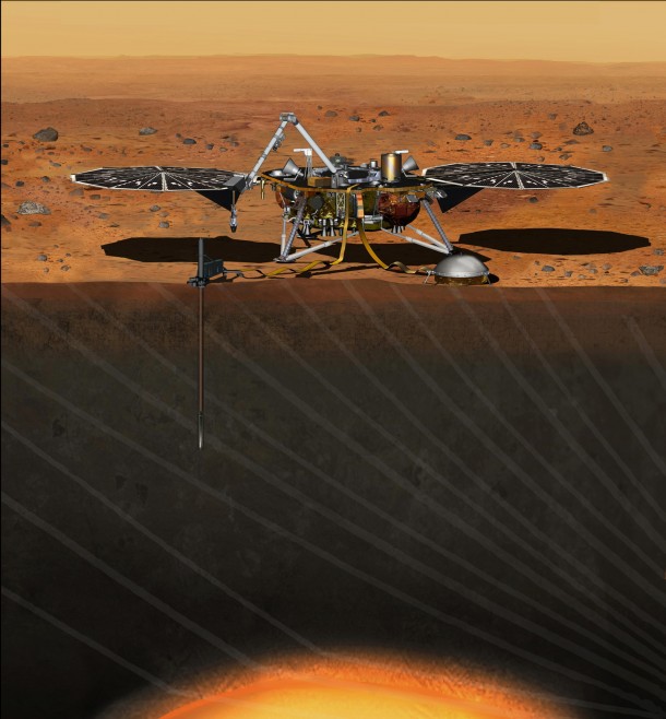 This artist's concept depicts the stationary NASA Mars lander known by the acronym InSight at work studying the interior of Mars. Image credit: NASA/JPL-Caltech This artist's concept depicts the stationary NASA Mars lander known by the acronym InSight at work studying the interior of Mars. Image credit: NASA/JPL-Caltech