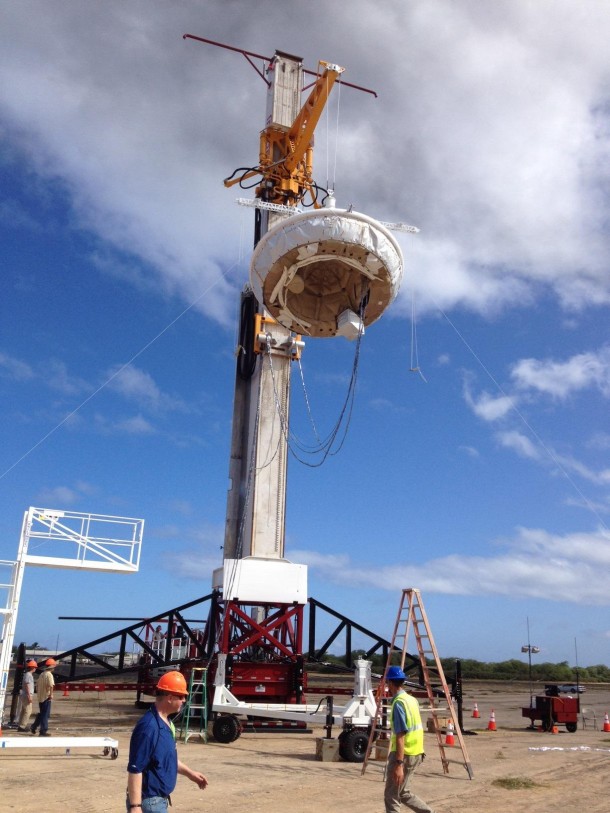 In this picture, NASA's saucer-shaped experimental flight vehicle is prepared for a Range Compatibility Test at the US Navy's Pacific Missile Range Facility in Kaua'i, Hawaii. Image Credit: NASA/JPL-Caltech In this picture, NASA's saucer-shaped experimental flight vehicle is prepared for a Range Compatibility Test at the US Navy's Pacific Missile Range Facility in Kaua'i, Hawaii. Image Credit: NASA/JPL-Caltech