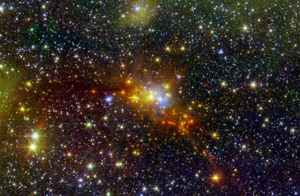 Within the swaddling dust of the Serpens Cloud Core, astronomers are studying one of the youngest collections of stars ever seen in our galaxy. Image credit: NASA/JPL-Caltech/2MASS Within the swaddling dust of the Serpens Cloud Core, astronomers are studying one of the youngest collections of stars ever seen in our galaxy. Image credit: NASA/JPL-Caltech/2MASS