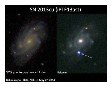 A star in a distant galaxy explodes as a supernova: while observing a galaxy known as UGC 9379 (left; image from the Sloan digital Sky Survey; SDSS) located about 350 million light years away from us, the team discovered a new source of bright blue light (right, marked with an arrow; image from the 60" robotic telescope at Palomar Observatory). This white-hot young supernova marked the explosive death of a massive star in that distant galaxy. Credit: Avishay Gel-Yam A star in a distant galaxy explodes as a supernova: while observing a galaxy known as UGC 9379 (left; image from the Sloan digital Sky Survey; SDSS) located about 350 million light years away from us, the team discovered a new source of bright blue light (right, marked with an arrow; image from the 60" robotic telescope at Palomar Observatory). This white-hot young supernova marked the explosive death of a massive star in that distant galaxy. Credit: Avishay Gel-Yam